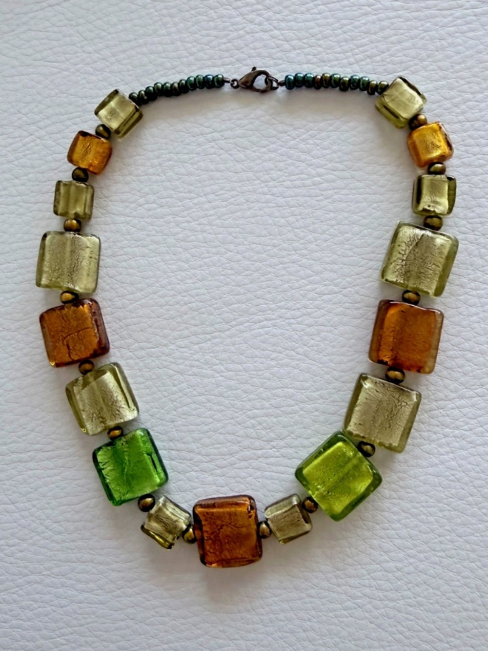 Murano Glass Necklace Square Foil Art Glass Beads Green Gold Amber Italy Vintage - Picture 8 of 8